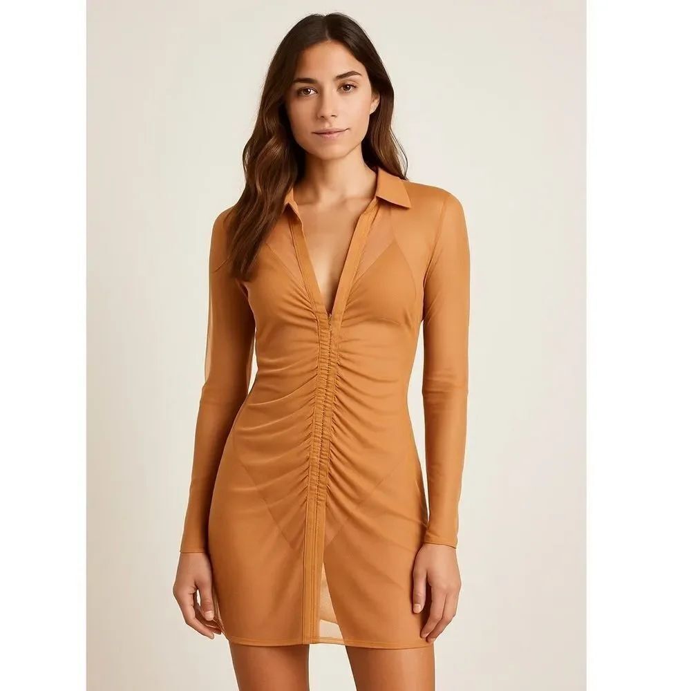 Skims Mesh Long Sleeve Ruched Dress